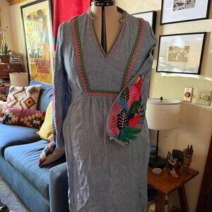 Boden Linen Midi Dress with Tropical Embroidery and Pockets